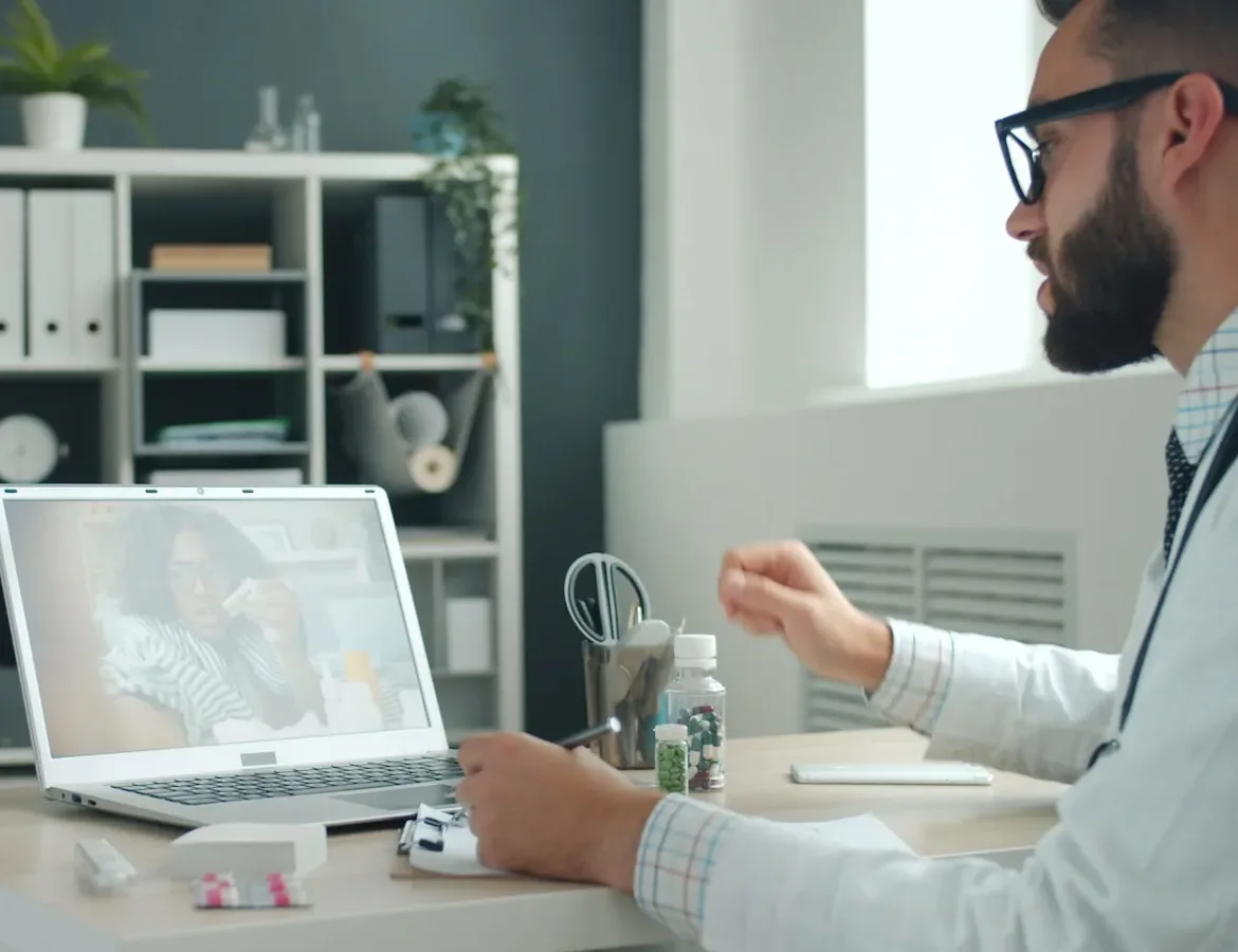 Doctor consulting patient online via laptop computer.